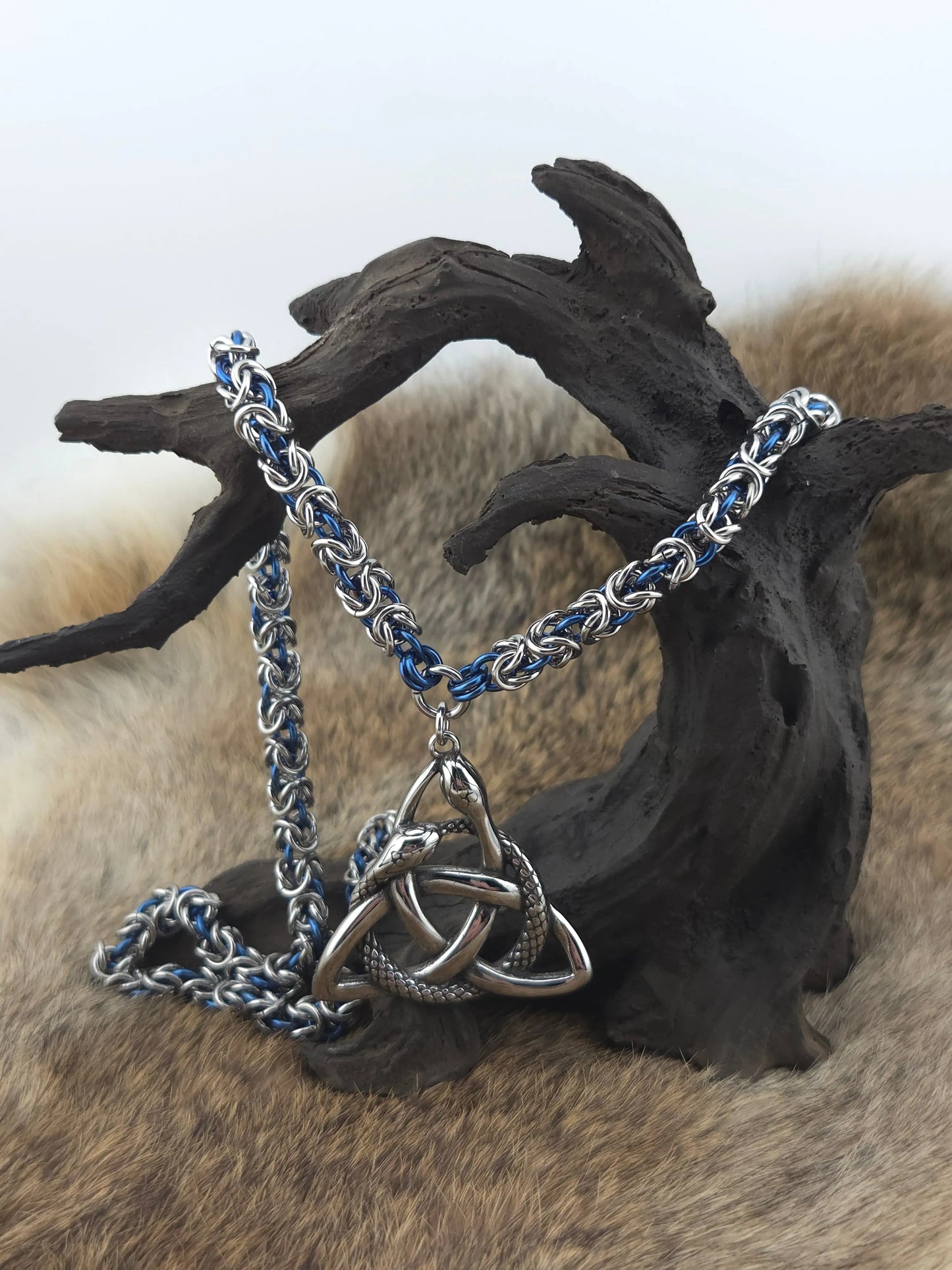 Celtic Knot Pendant with a Serpent on a 22" Stainless Steel and Blue Cornflower Niobium Byzantine Chainmail Necklace Foxweave Studios