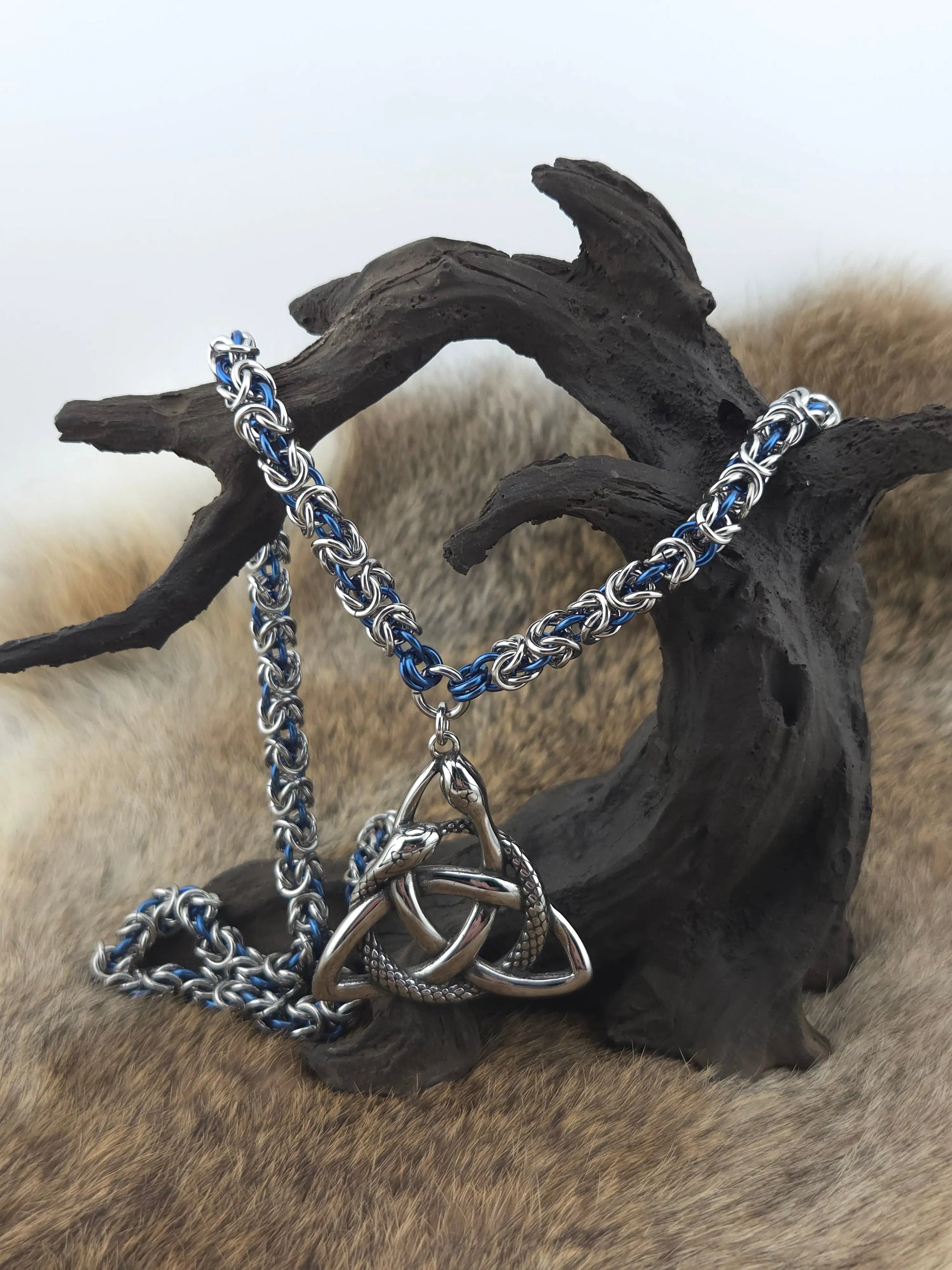 Celtic Knot Pendant with a Serpent on a 22" Stainless Steel and Blue Cornflower Niobium Byzantine Chainmail Necklace Foxweave Studios