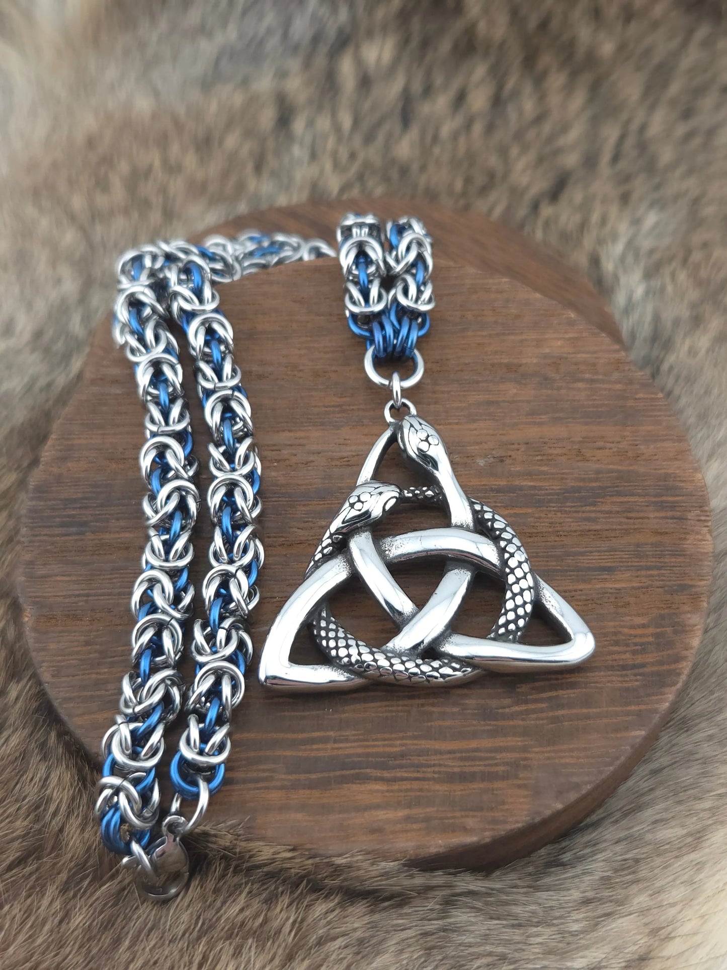 Celtic Knot Pendant with a Serpent on a 22" Stainless Steel and Blue Cornflower Niobium Byzantine Chainmail Necklace Foxweave Studios
