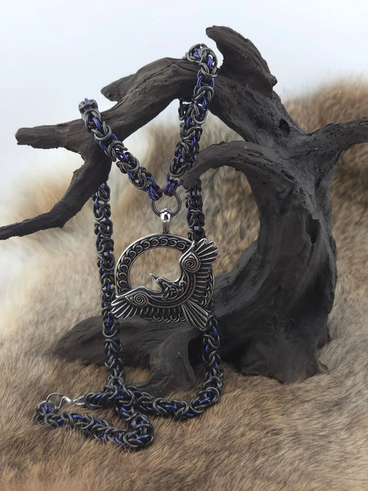 Raven Pendant on a 22" Black Glass Titanium and Midnight Niobium Byzantine Chainmail Necklace Foxweave Studios