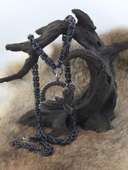 Raven Pendant on a 22" Black Glass Titanium and Midnight Niobium Byzantine Chainmail Necklace