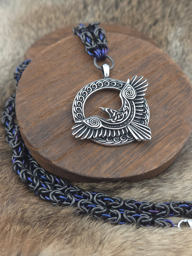 Raven Pendant on a 22" Black Glass Titanium and Midnight Niobium Byzantine Chainmail Necklace
