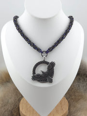 Raven Pendant on a 22" Black Glass Titanium and Midnight Niobium Byzantine Chainmail Necklace