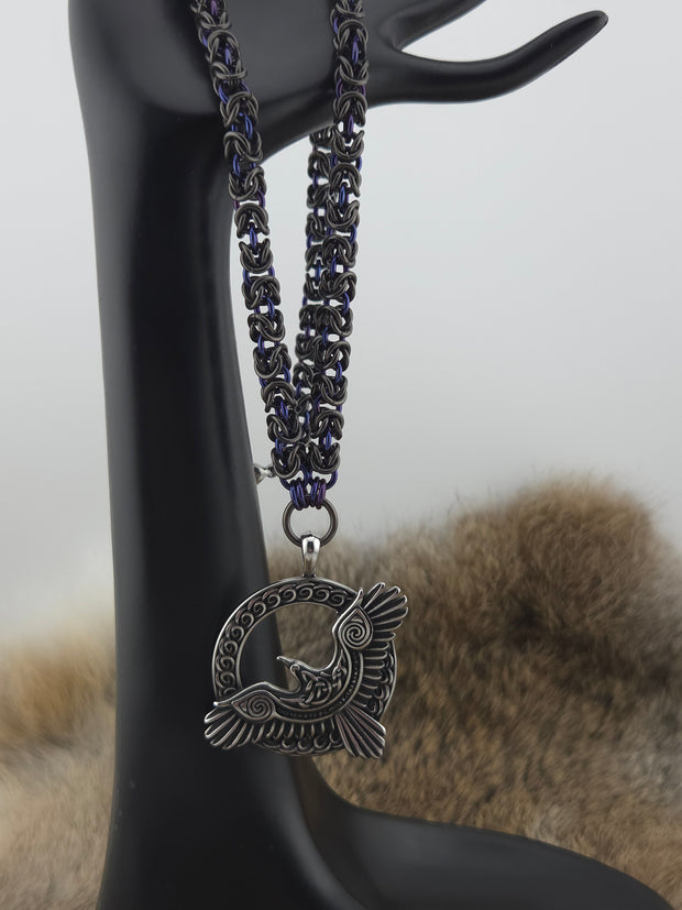 Raven Pendant on a 22" Black Glass Titanium and Midnight Niobium Byzantine Chainmail Necklace