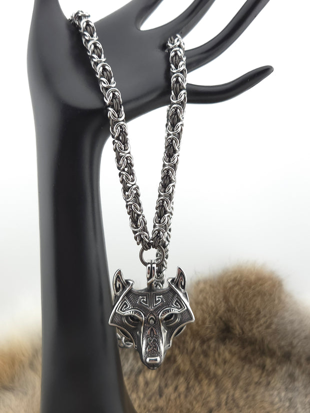 Wolf (Black Eye) Pendant on a 22" Stainless Steel and Black Glass Titanium Byzantine Chainmail Necklace
