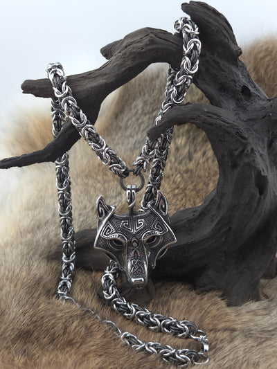 Wolf (Black Eye) Pendant on a 22" Stainless Steel and Black Glass Titanium Byzantine Chainmail Necklace