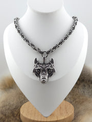 Wolf (Black Eye) Pendant on a 22" Stainless Steel and Black Glass Titanium Byzantine Chainmail Necklace