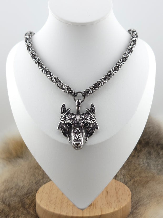 Wolf (Black Eye) Pendant on a 22" Stainless Steel and Black Glass Titanium Byzantine Chainmail Necklace