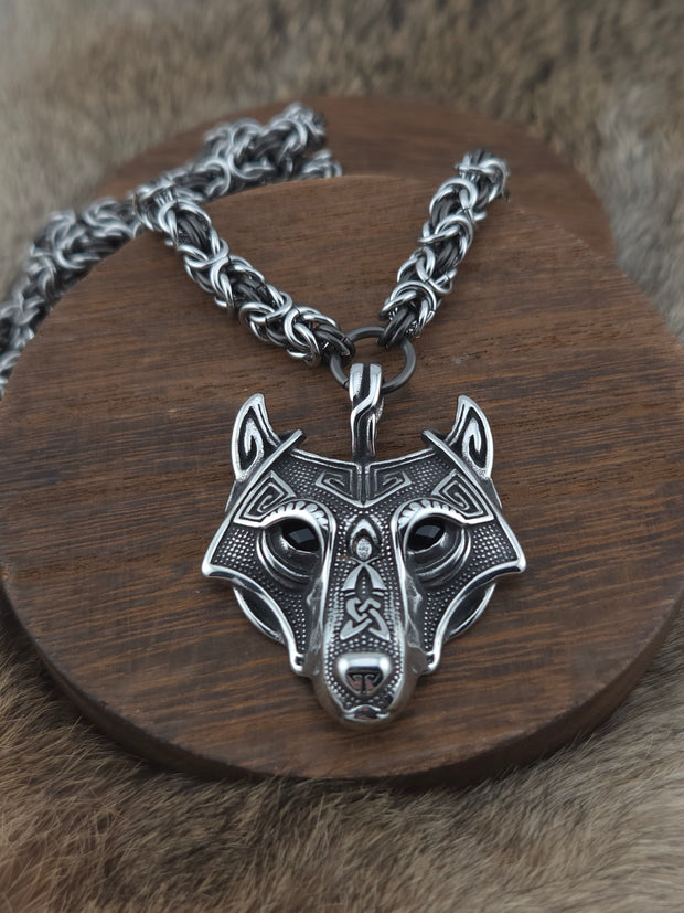 Wolf (Black Eye) Pendant on a 22" Stainless Steel and Black Glass Titanium Byzantine Chainmail Necklace