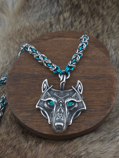Wolf (Green Eye) Pendant on a 22" Stainless Steel and Black Glass Titanium Byzantine Chainmail Necklace