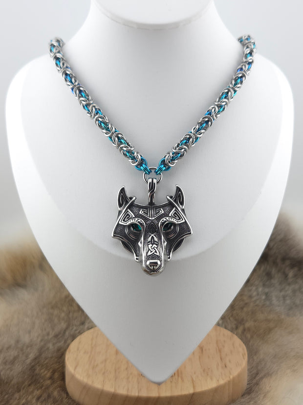 Wolf (Green Eye) Pendant on a 22" Stainless Steel and Black Glass Titanium Byzantine Chainmail Necklace