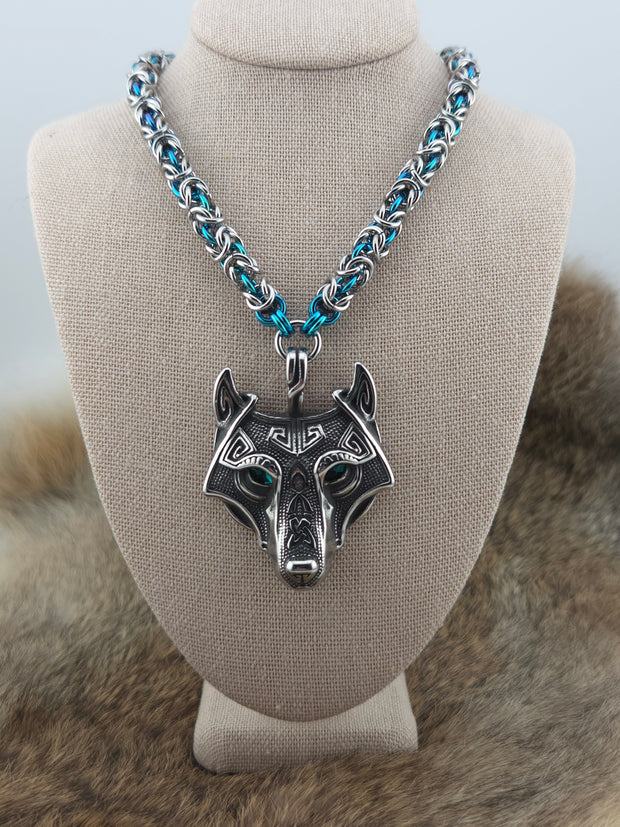 Wolf (Green Eye) Pendant on a 22" Stainless Steel and Black Glass Titanium Byzantine Chainmail Necklace
