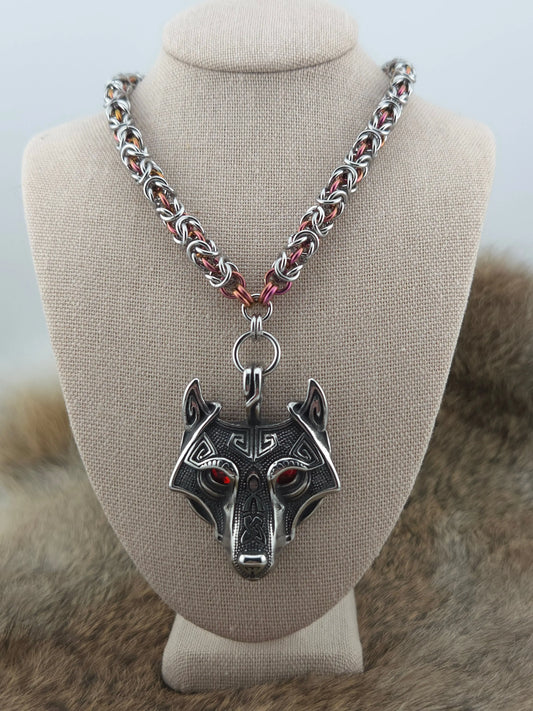 Wolf (Red Eye) Pendant on a 22" Stainless Steel and Black Glass Titanium Byzantine Chainmail Necklace Foxweave Studios