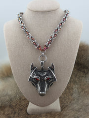 Wolf (Red Eye) Pendant on a 22" Stainless Steel and Black Glass Titanium Byzantine Chainmail Necklace