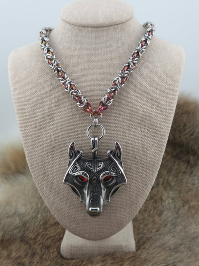 Wolf (Red Eye) Pendant on a 22" Stainless Steel and Black Glass Titanium Byzantine Chainmail Necklace