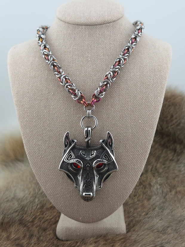 Wolf (Red Eye) Pendant on a 22" Stainless Steel and Black Glass Titanium Byzantine Chainmail Necklace
