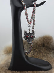 Wolf (Red Eye) Pendant on a 22" Stainless Steel and Black Glass Titanium Byzantine Chainmail Necklace