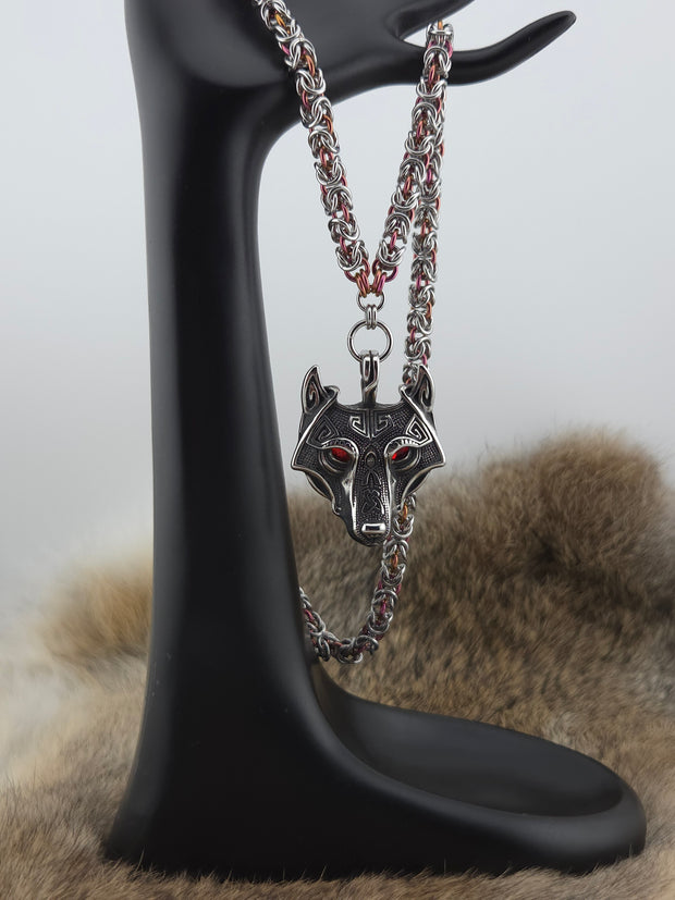 Wolf (Red Eye) Pendant on a 22" Stainless Steel and Black Glass Titanium Byzantine Chainmail Necklace