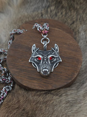 Wolf (Red Eye) Pendant on a 22" Stainless Steel and Black Glass Titanium Byzantine Chainmail Necklace