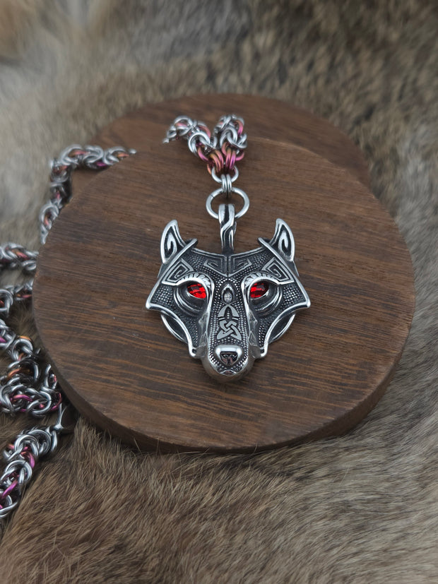 Wolf (Red Eye) Pendant on a 22" Stainless Steel and Black Glass Titanium Byzantine Chainmail Necklace
