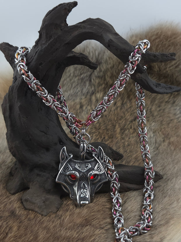 Wolf (Red Eye) Pendant on a 22" Stainless Steel and Black Glass Titanium Byzantine Chainmail Necklace