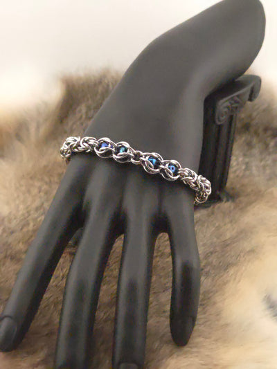 8" Stainless Steel Byzantine Chainmail Bracelet with Captured Blue Iris Beads