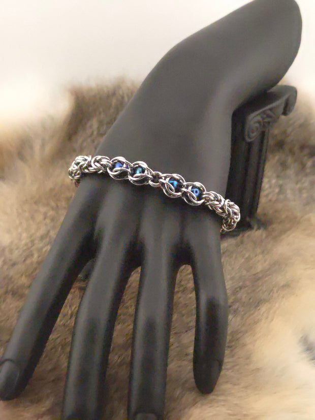 8" Stainless Steel Byzantine Chainmail Bracelet with Captured Blue Iris Beads
