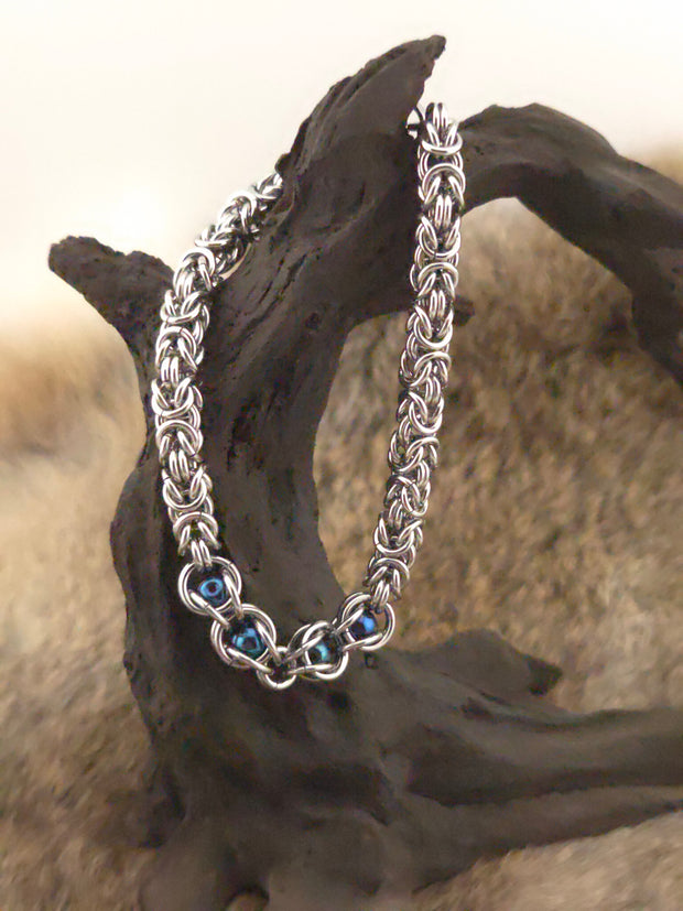 8" Stainless Steel Byzantine Chainmail Bracelet with Captured Blue Iris Beads