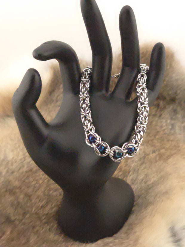 8" Stainless Steel Byzantine Chainmail Bracelet with Captured Blue Iris Beads