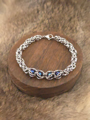 8" Stainless Steel Byzantine Chainmail Bracelet with Captured Blue Iris Beads