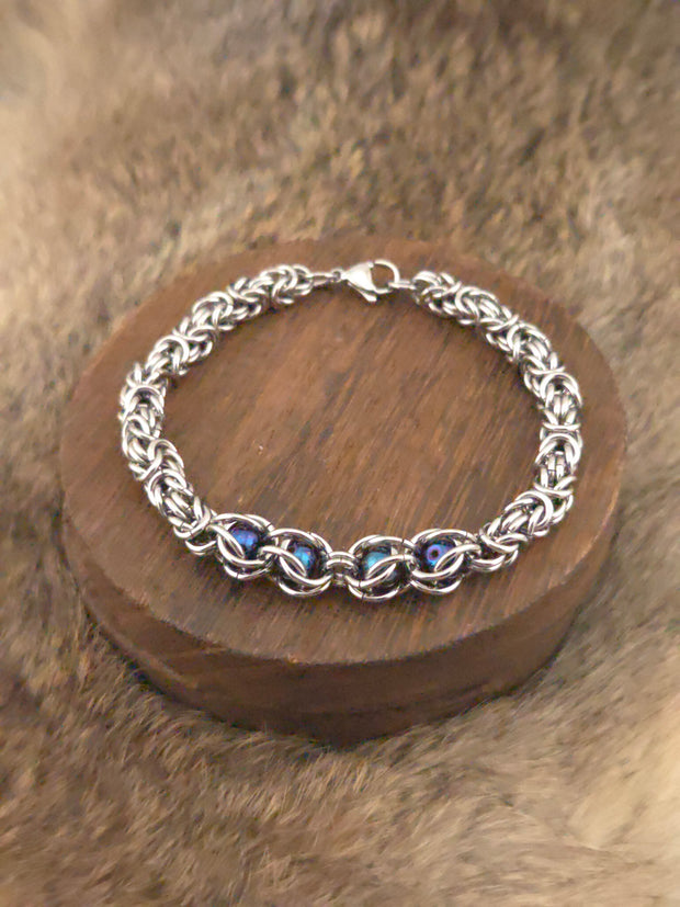 8" Stainless Steel Byzantine Chainmail Bracelet with Captured Blue Iris Beads