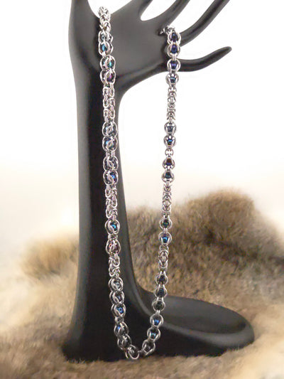 22" Stainless Steel Byzantine Chainmail Necklace with Captured Blue Iris Beads