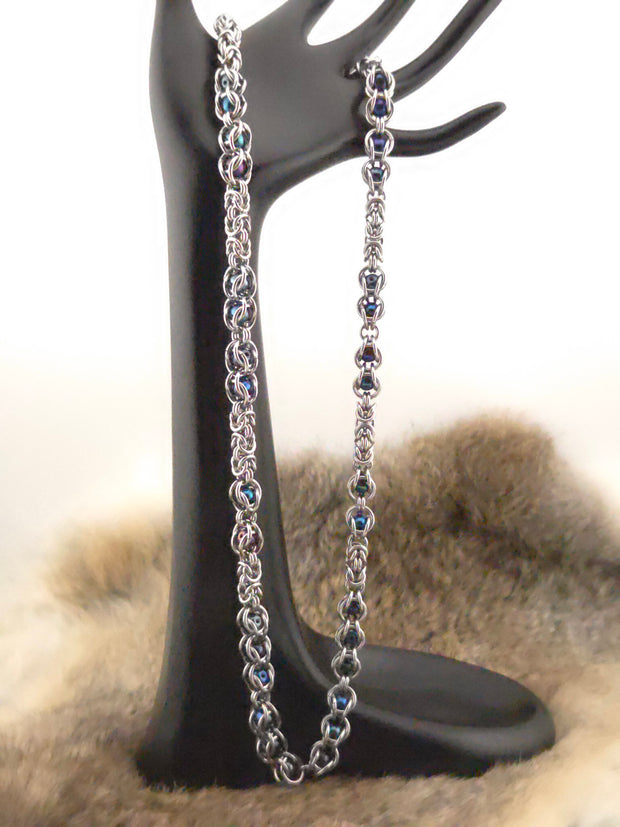 22" Stainless Steel Byzantine Chainmail Necklace with Captured Blue Iris Beads