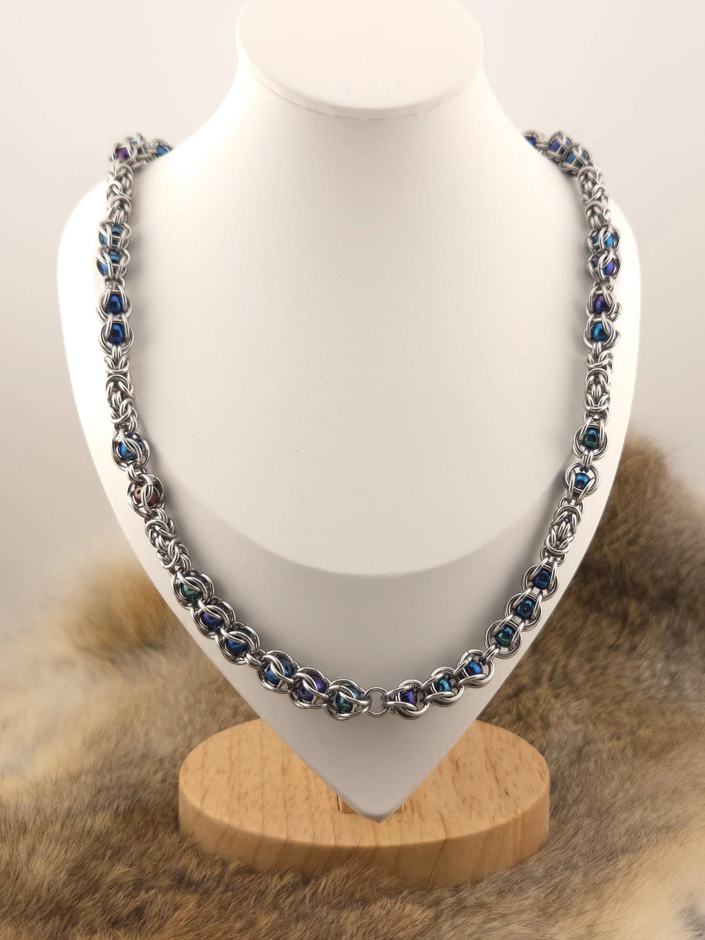 22" Stainless Steel Byzantine Chainmail Necklace with Captured Blue Iris Beads Foxweave Studios