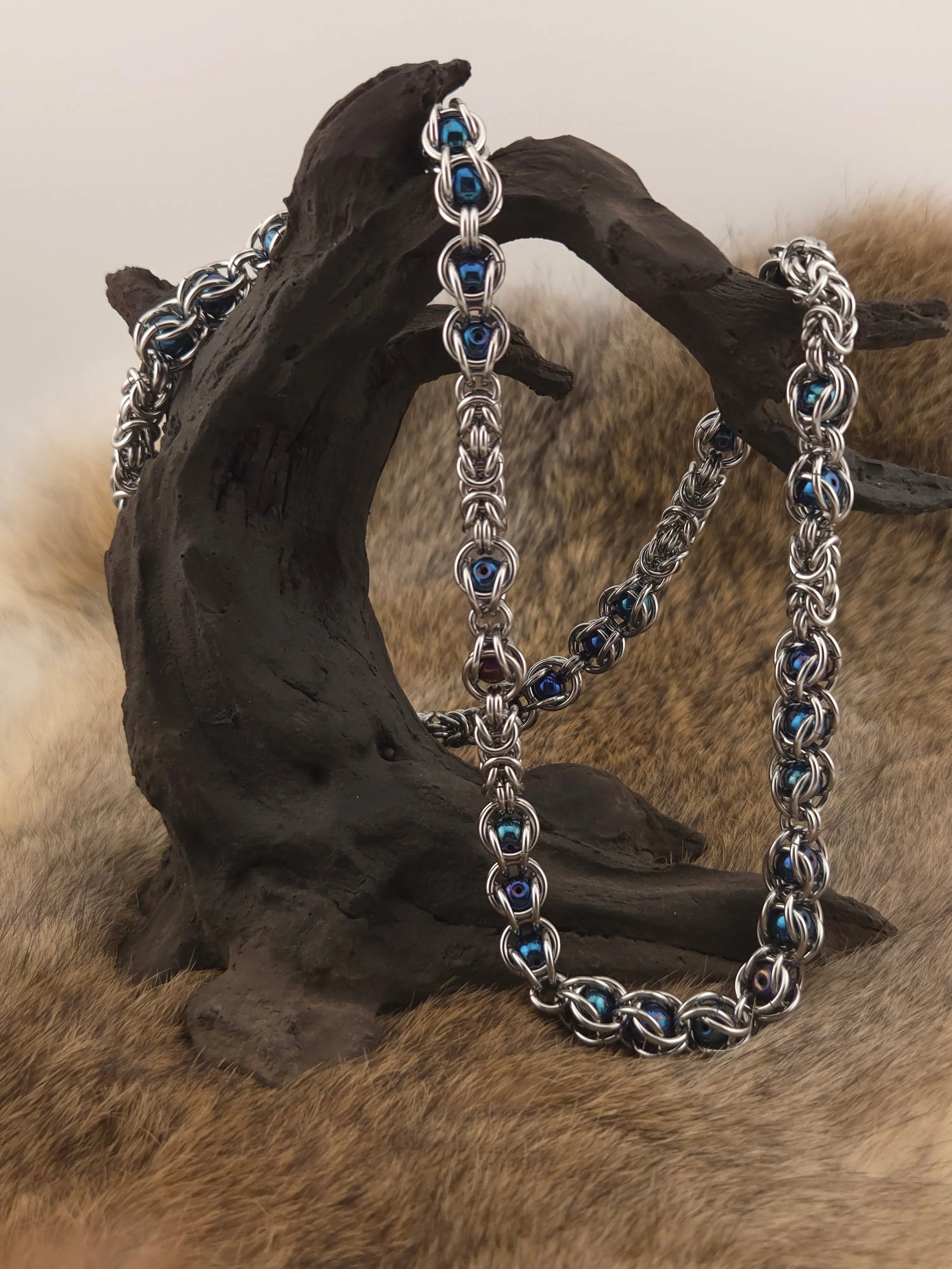 22" Stainless Steel Byzantine Chainmail Necklace with Captured Blue Iris Beads Foxweave Studios