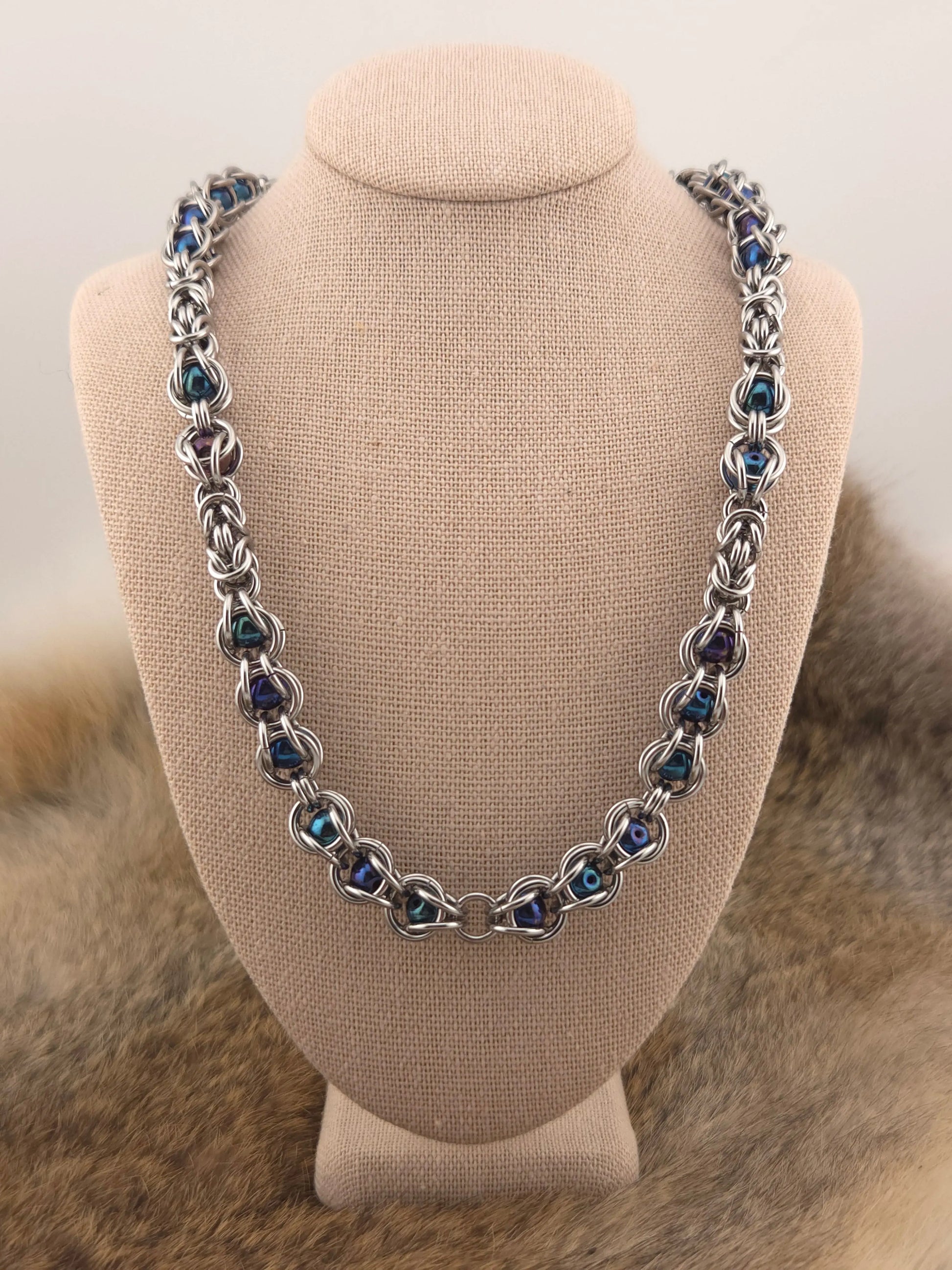 22" Stainless Steel Byzantine Chainmail Necklace with Captured Blue Iris Beads Foxweave Studios