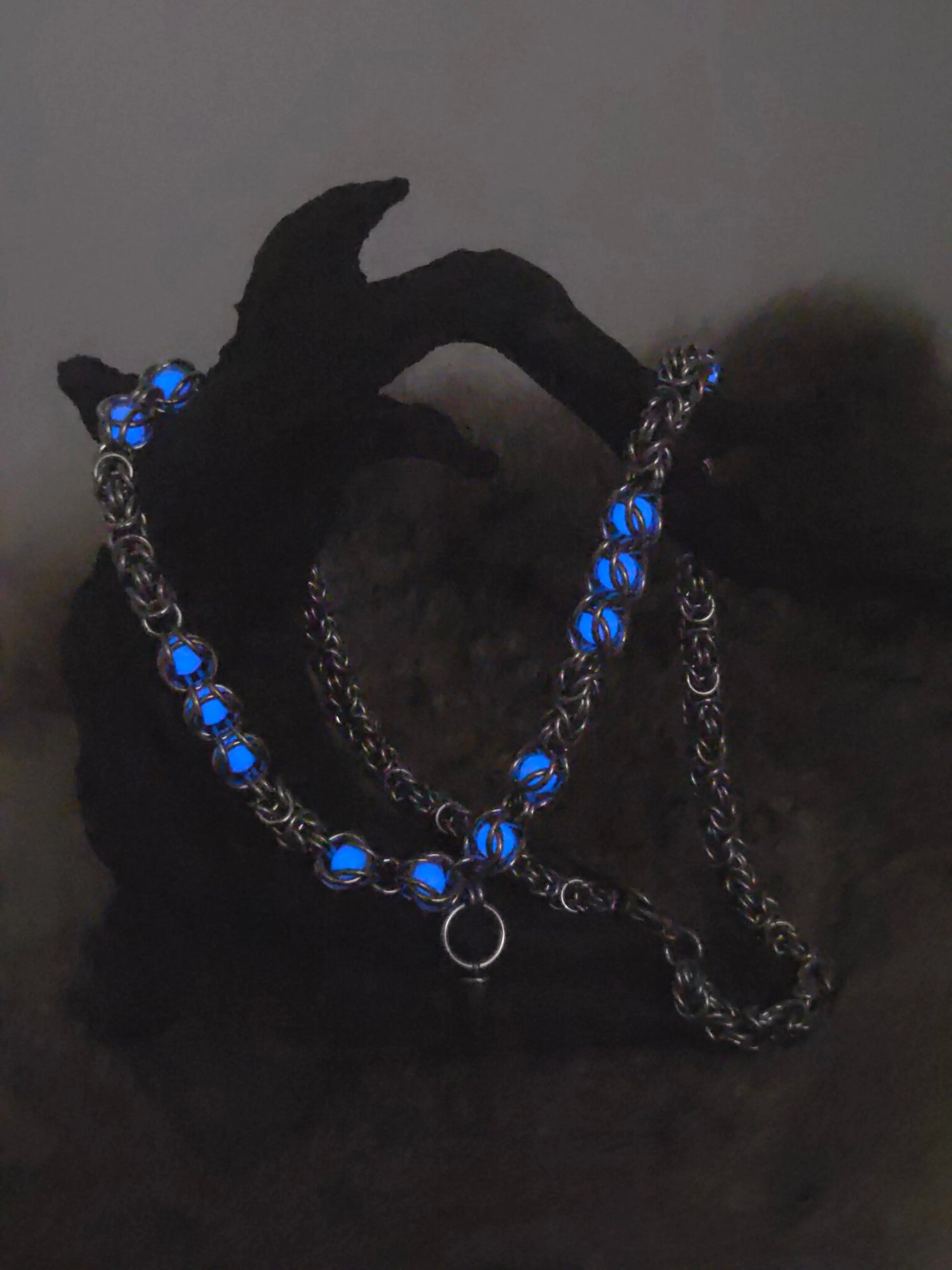 22" Stainless Steel Byzantine Chainmail Necklace with Captured Blue Glow Beads Foxweave Studios