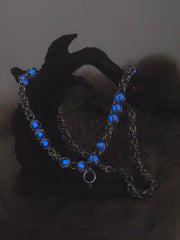 22" Stainless Steel Byzantine Chainmail Necklace with Captured Blue Glow Beads