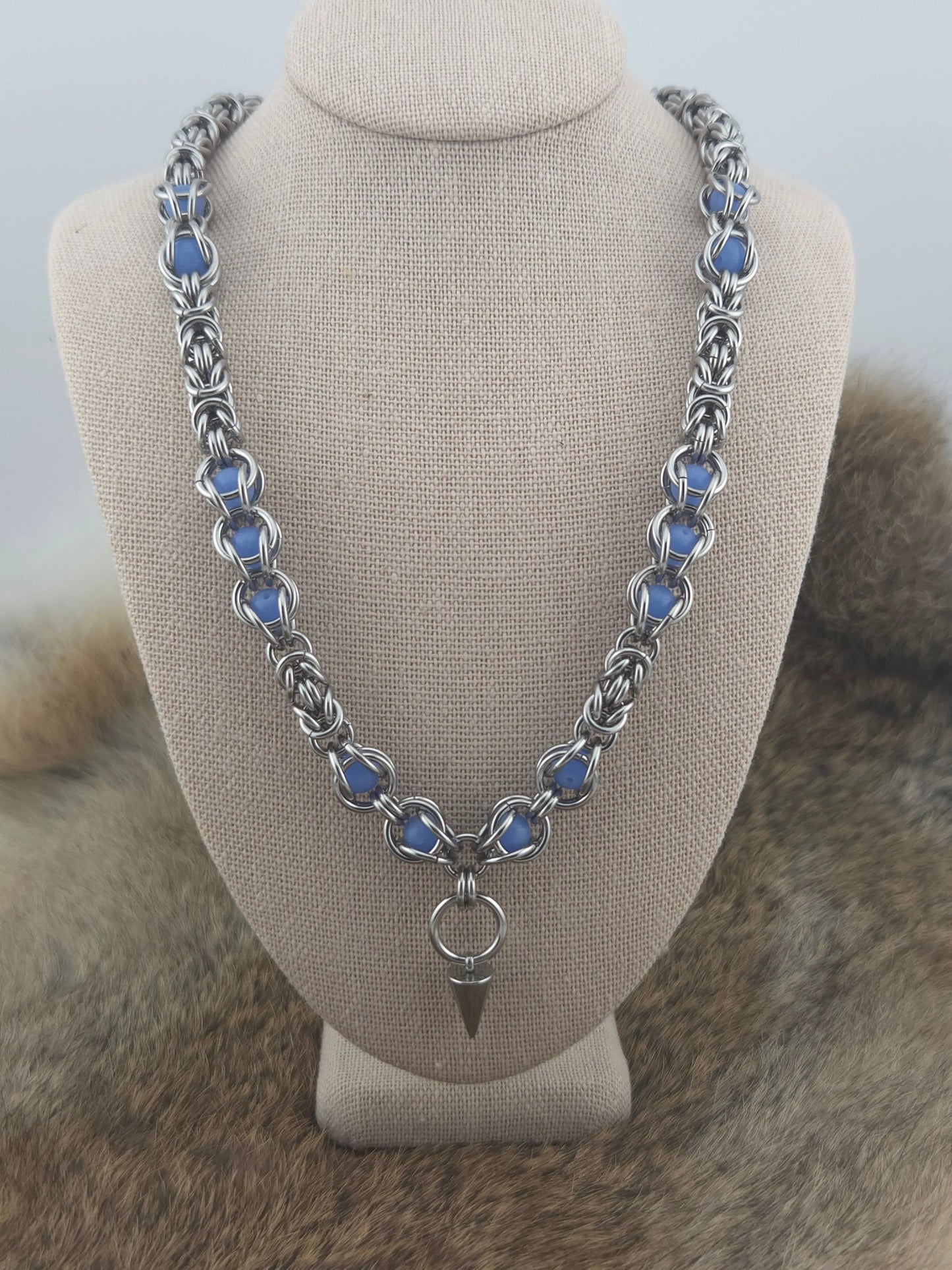 22" Stainless Steel Byzantine Chainmail Necklace with Captured Blue Glow Beads Foxweave Studios