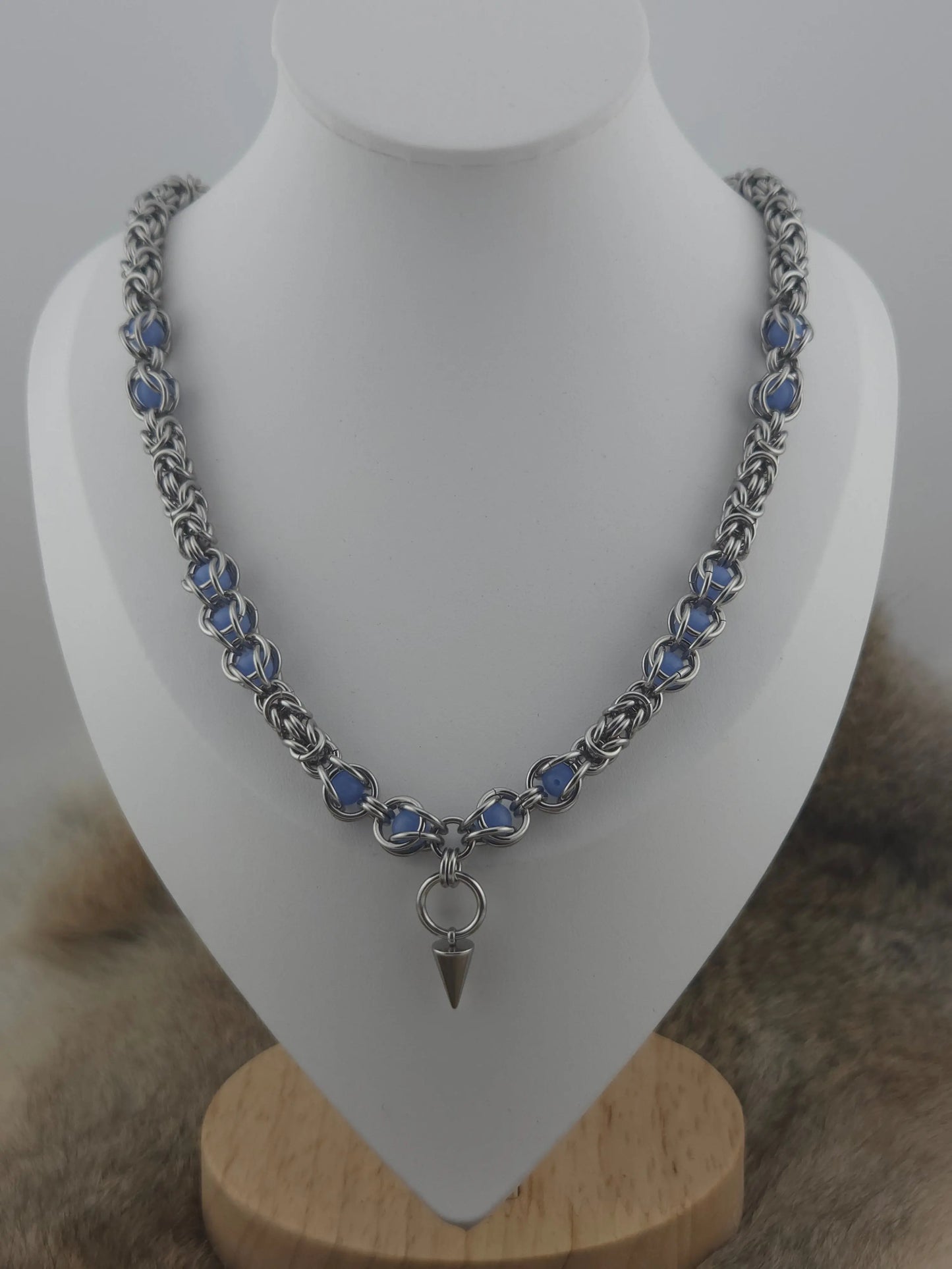 22" Stainless Steel Byzantine Chainmail Necklace with Captured Blue Glow Beads Foxweave Studios