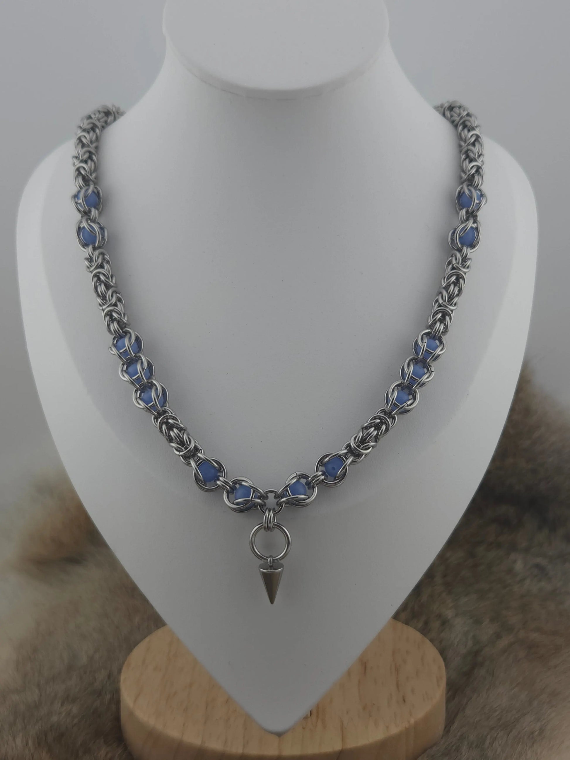 22" Stainless Steel Byzantine Chainmail Necklace with Captured Blue Glow Beads Foxweave Studios
