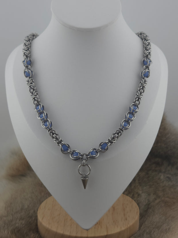 22" Stainless Steel Byzantine Chainmail Necklace with Captured Blue Glow Beads