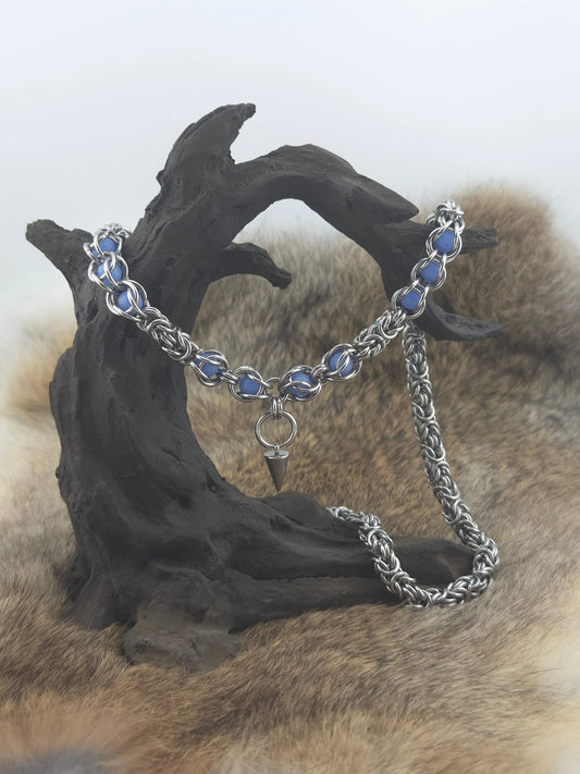 22" Stainless Steel Byzantine Chainmail Necklace with Captured Blue Glow Beads Foxweave Studios