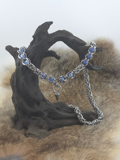 22" Stainless Steel Byzantine Chainmail Necklace with Captured Blue Glow Beads
