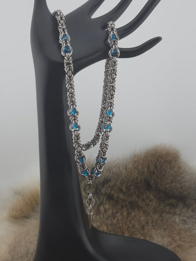 22" Stainless Steel Byzantine Chainmail Necklace with Captured Aqua Beads