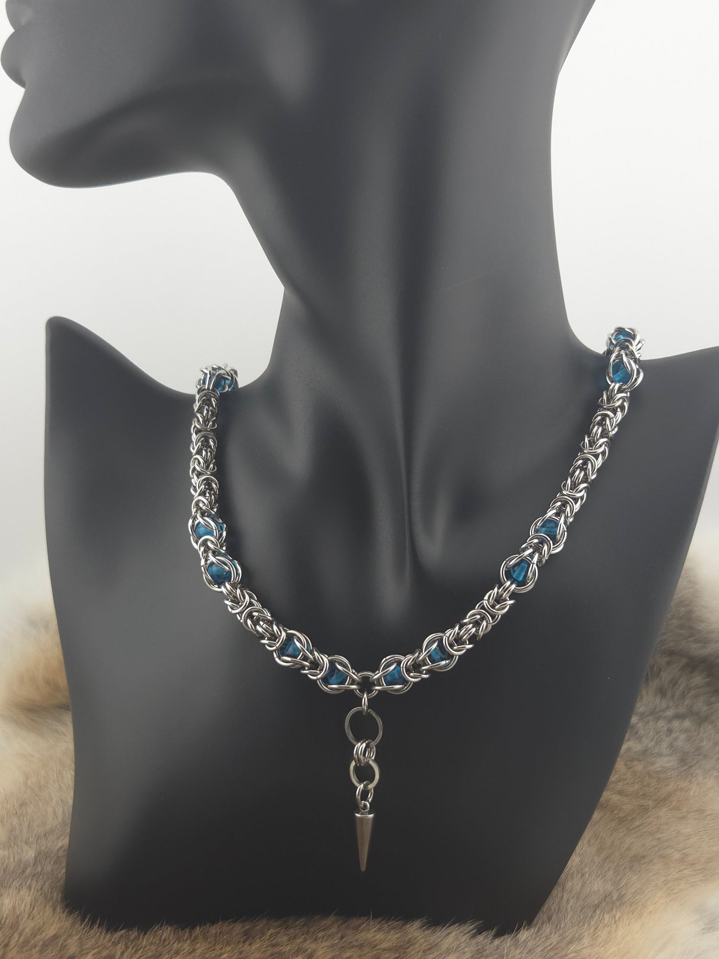 22" Stainless Steel Byzantine Chainmail Necklace with Captured Aqua Beads Foxweave Studios