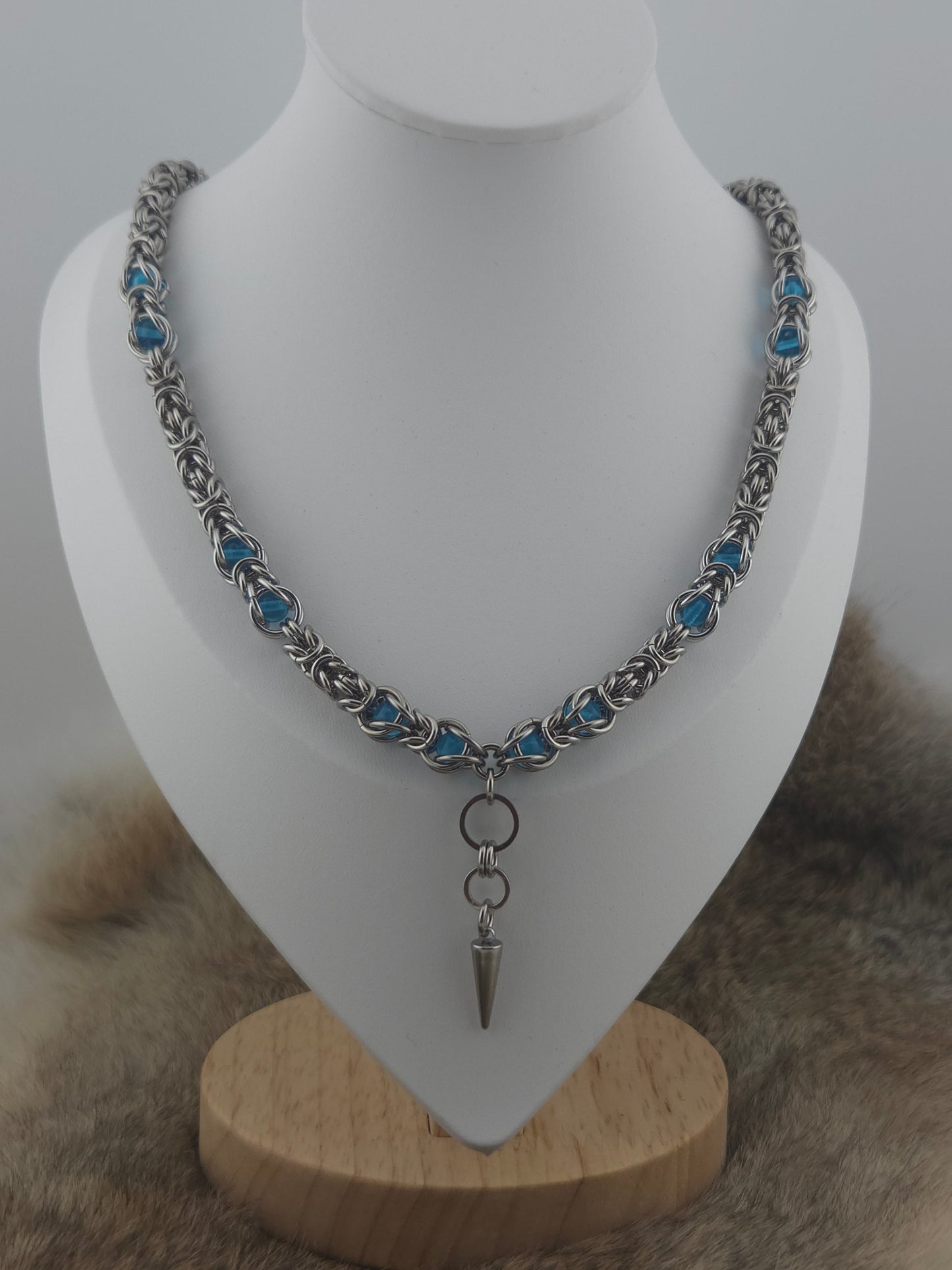 22" Stainless Steel Byzantine Chainmail Necklace with Captured Aqua Beads Foxweave Studios