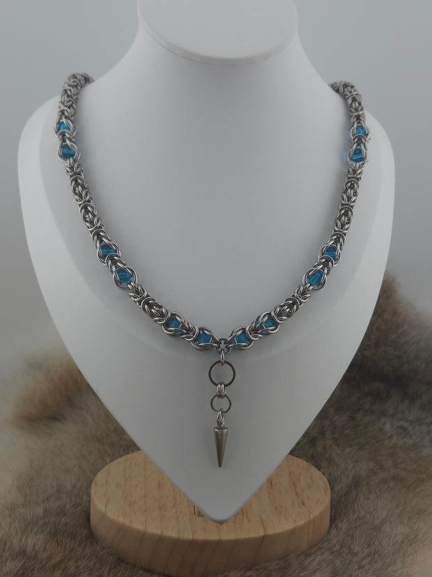 22" Stainless Steel Byzantine Chainmail Necklace with Captured Aqua Beads