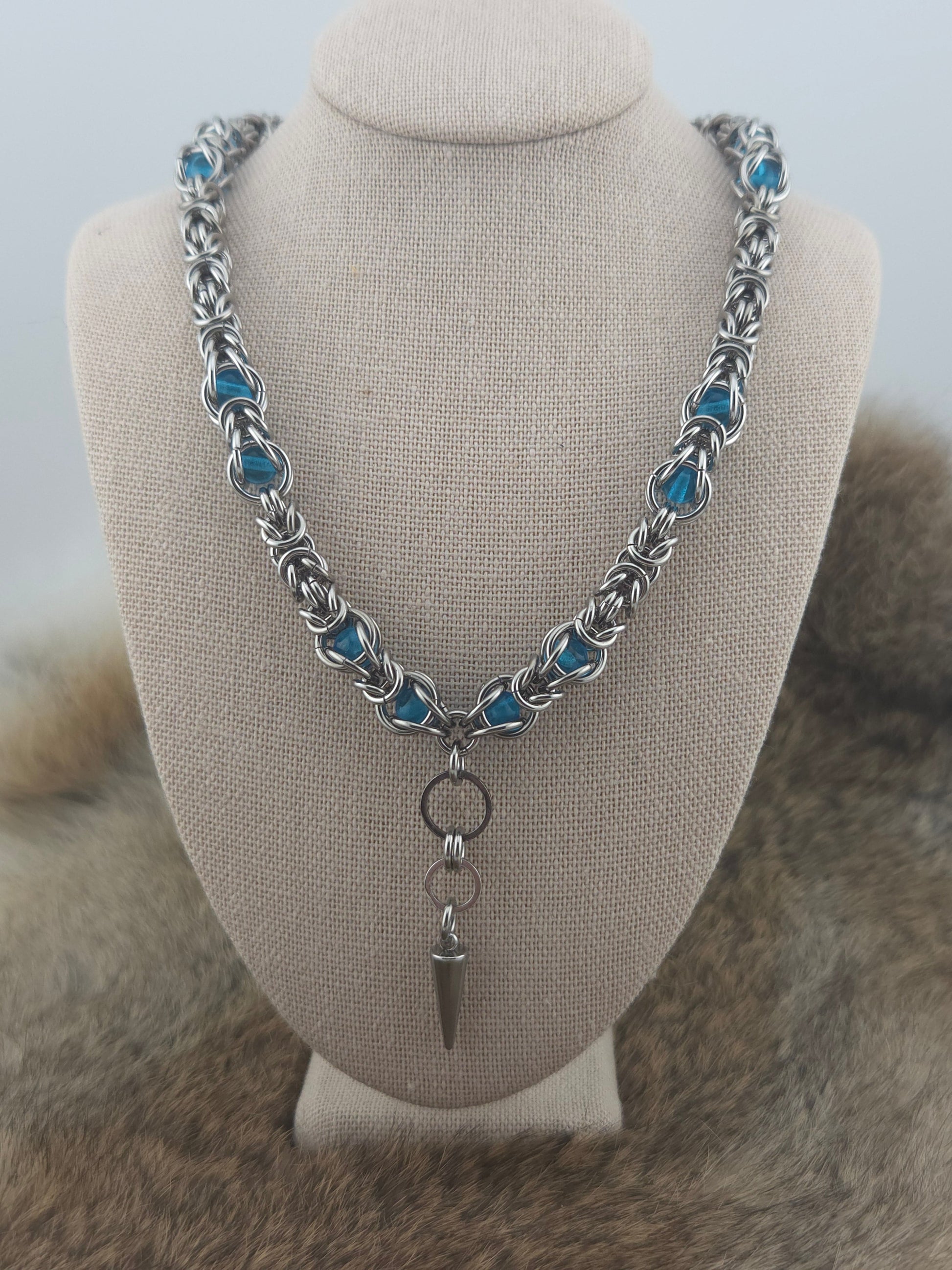 22" Stainless Steel Byzantine Chainmail Necklace with Captured Aqua Beads Foxweave Studios