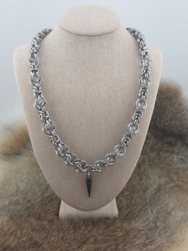 22" Stainless Steel Byzantine Chainmail Necklace with Captured Clear Beads